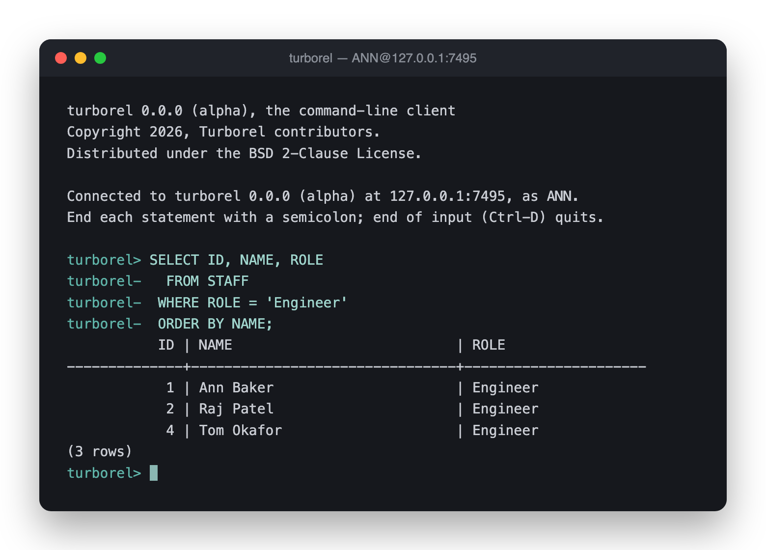 turborel command-line client running a SELECT query